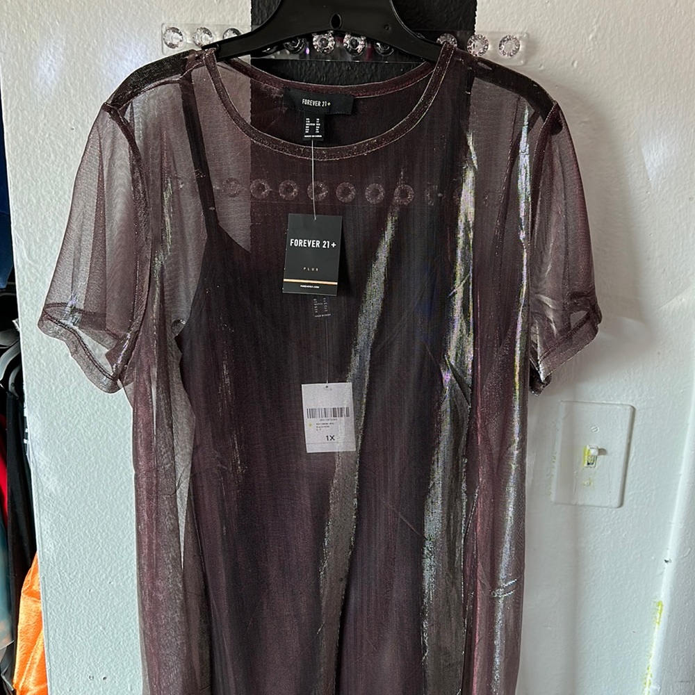 Forever 21+, holographic, purple/silver mesh dress, black slip under - Size: 1XL